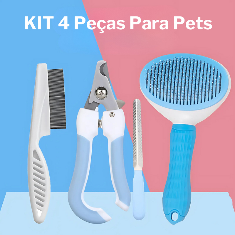 KIT 4 Pçs para Pets: Escova Removedora Tira Pelos de Cães E Gatos +Pente de Pulgas+Cortador de Unhas+Lixa de Unha PET-01
