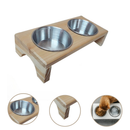 Comedouro Duplo Elevado Cahorro Gato Pet Tigelas Aluminio Madeira Pinus